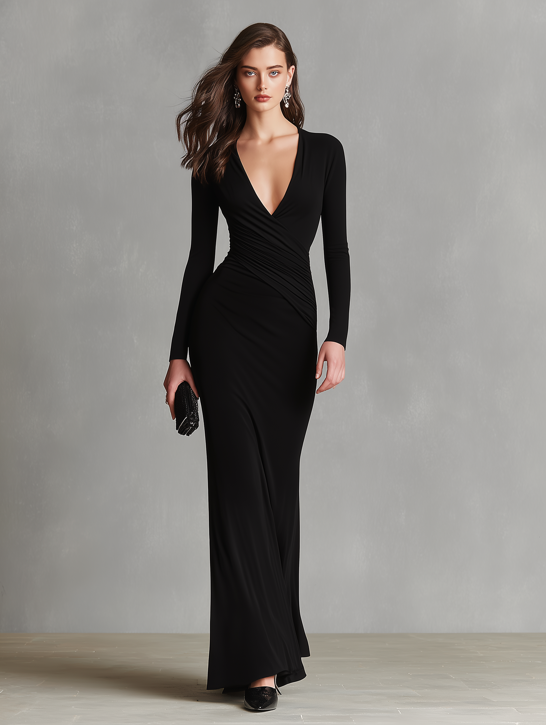 Women's Black Stretch Knit Dress With Long Sleeves & Deep V Detail, Timeless Sleek-Sexy Style Dress MDZ1263A8I