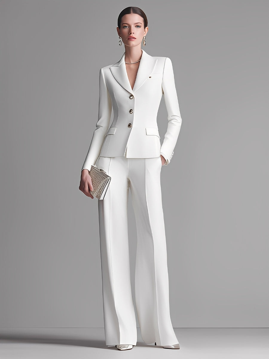 Women's Ivory Peak Lapel Suit & Straight-Leg Trousers - Professional Style Suit MDA2727K9I