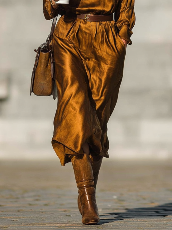 Women's Loose Satin Half-Turtleneck Elastic Waist Belt Long Sleeve Midi Dress MDA1631I9Y