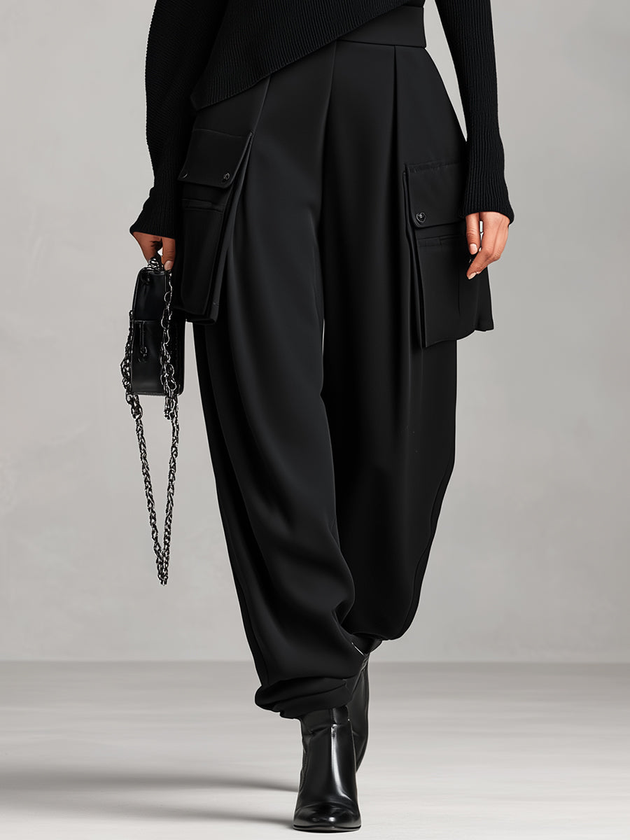 Women's Black Ribbed Knit & Structured Woven Set With Asymmetric Top & Cargo Pants, Modern Edgy Style Set MDA0803L7I