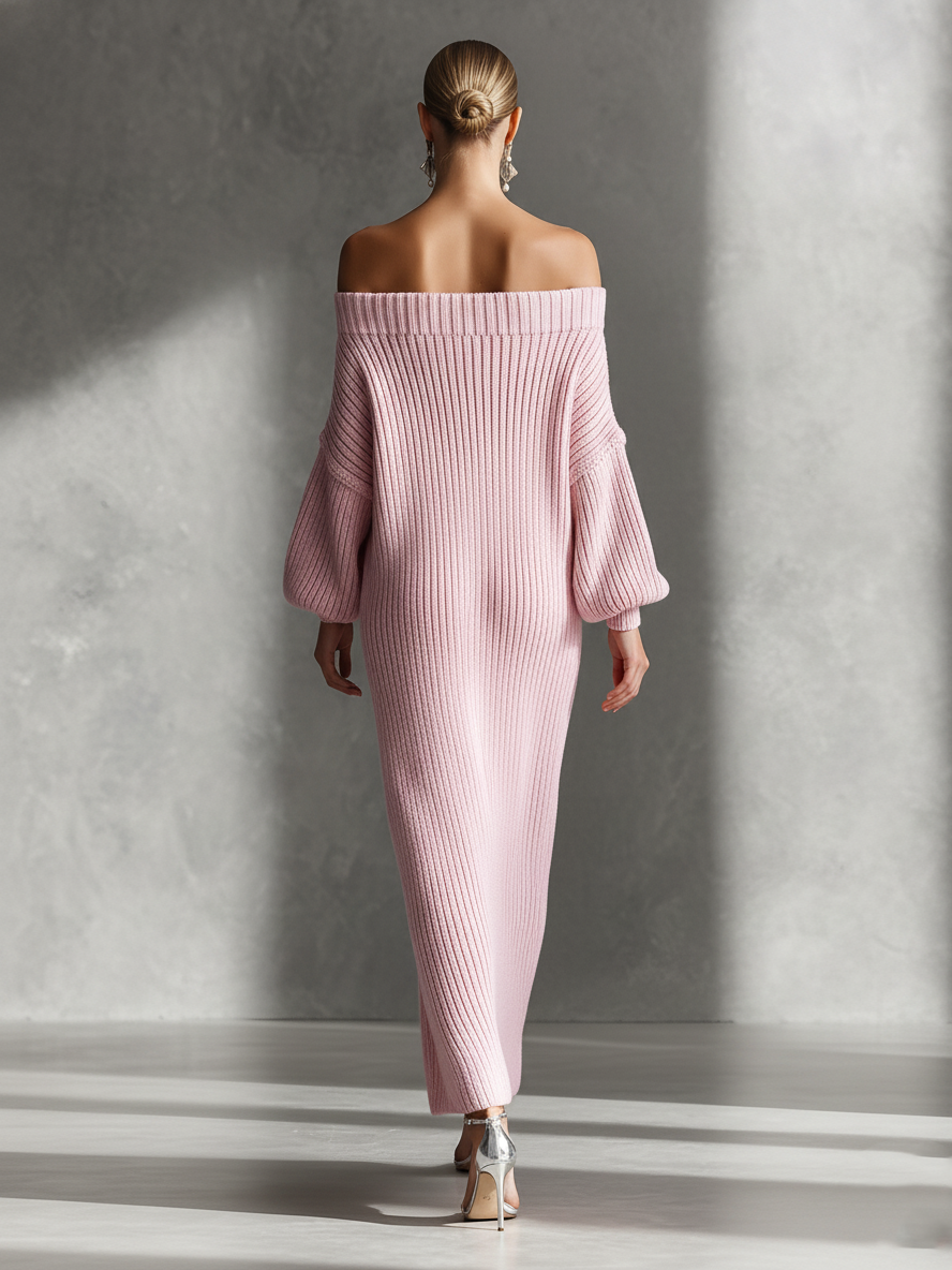 Women's Romantic Knit Blush Pink Off-The-Shoulder Lantern-Sleeve Oversized Maxi Dress MDA1993L1AU
