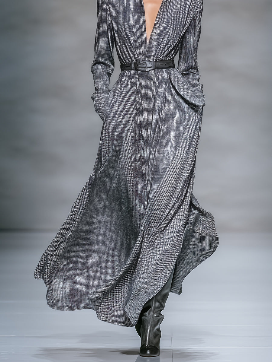 Women's Grey Retro Checked - Pattern High - Neck Belted Maxi Dress (without belt) MDA0564H0I