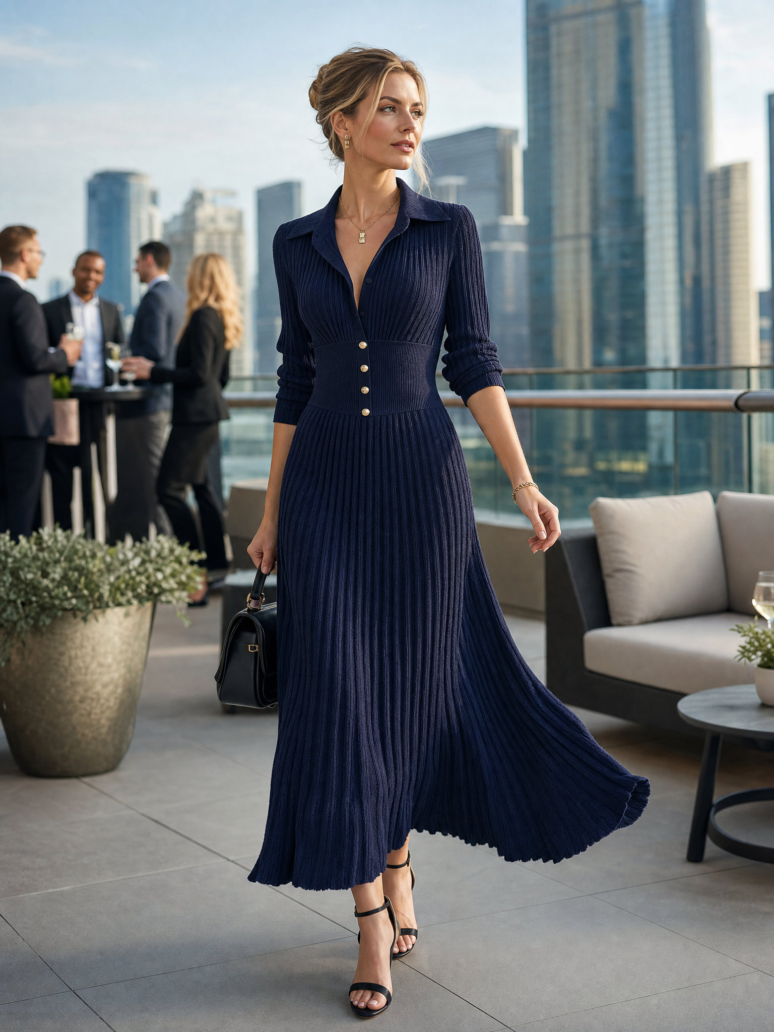 pleated dress knit 2019 Women's Elegant Button-Front Collared MDZ0607H5WY – Modesees this season begins with 79% polyester COLOR:Night Blue Festival De Luces Dress