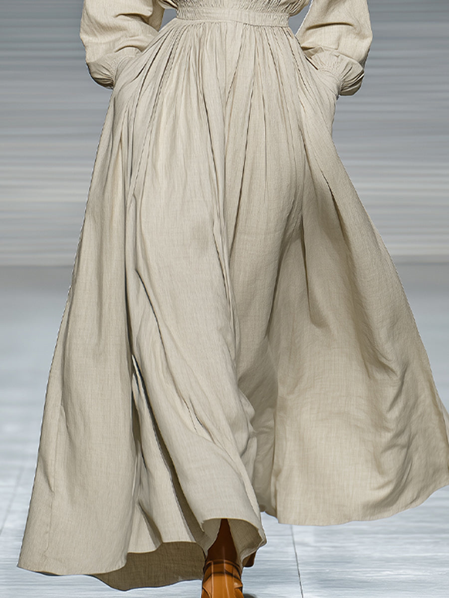 Women's Beige Linen-Blend Elegant Dress With Puff Sleeves & Ruched Waist, Timeless Minimalist Style Dress MDA3061K8I
