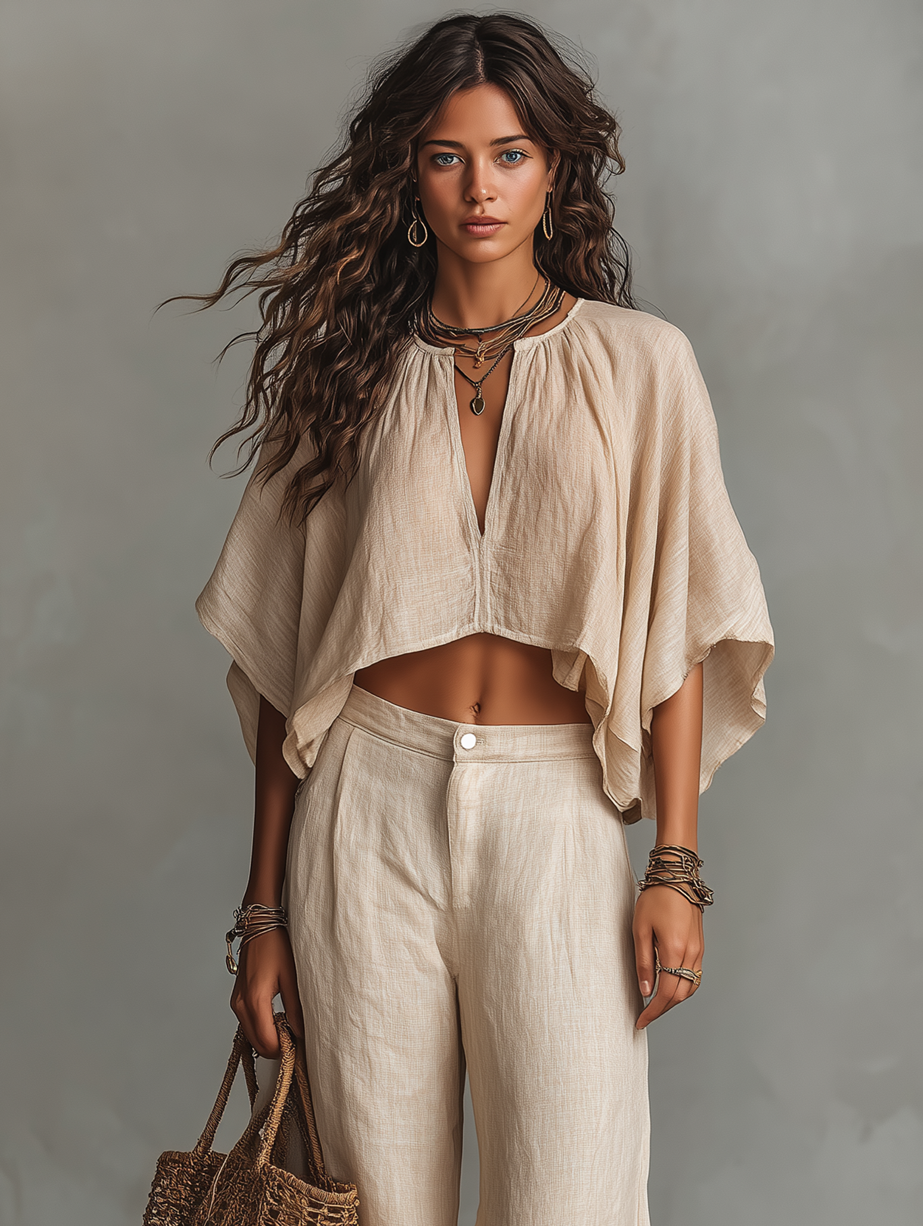 Women's Minimalist Resort-style Linen Blend Blouse Straight Leg Pant Set MDZ1038B1Y