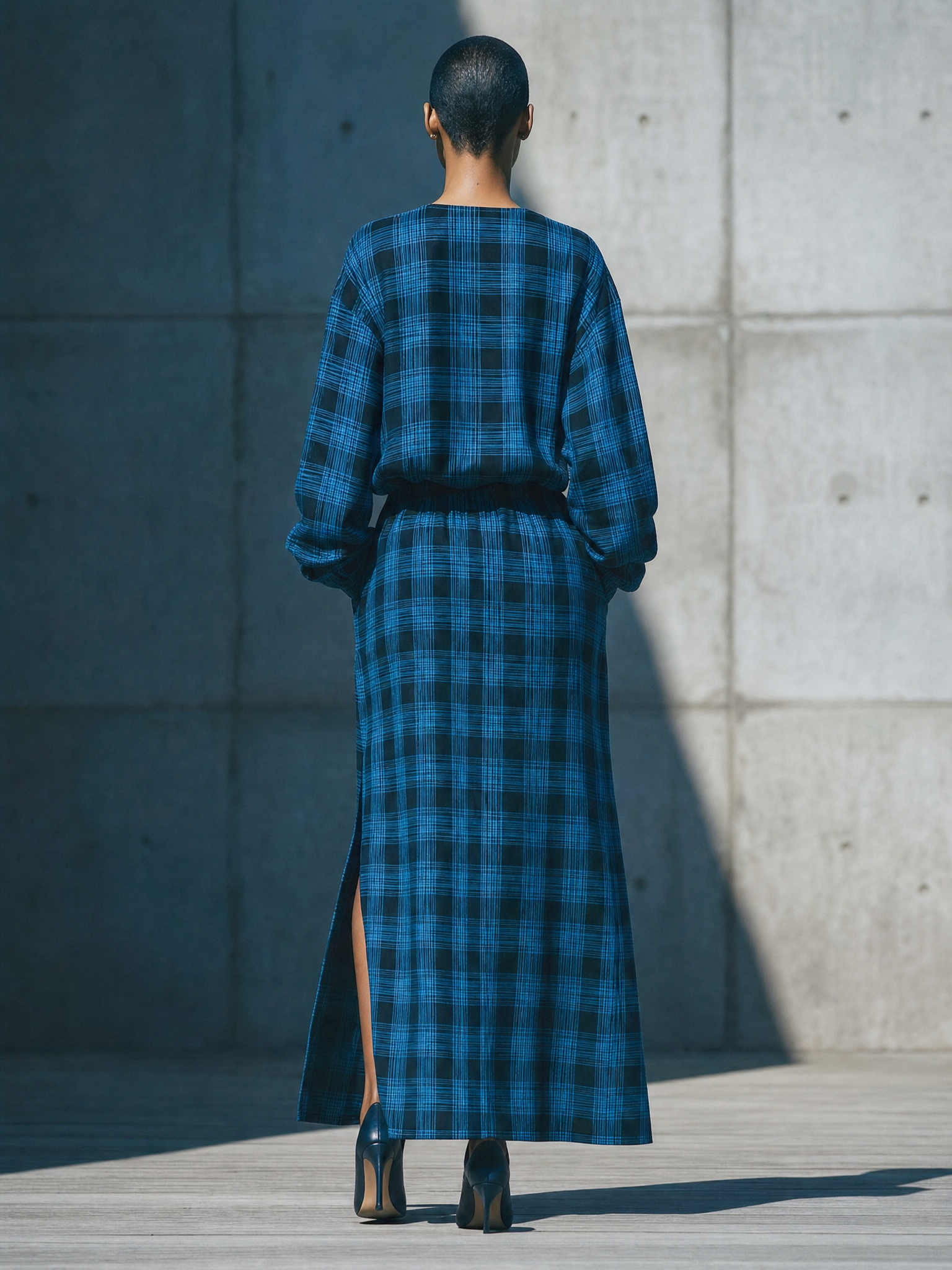 Women'S Minimalist Teal‑Black Check Cotton-linen Blend Balloon Sleeve Shirt Side Slit Long Skirt Outfit MDZ2864G4YZJ