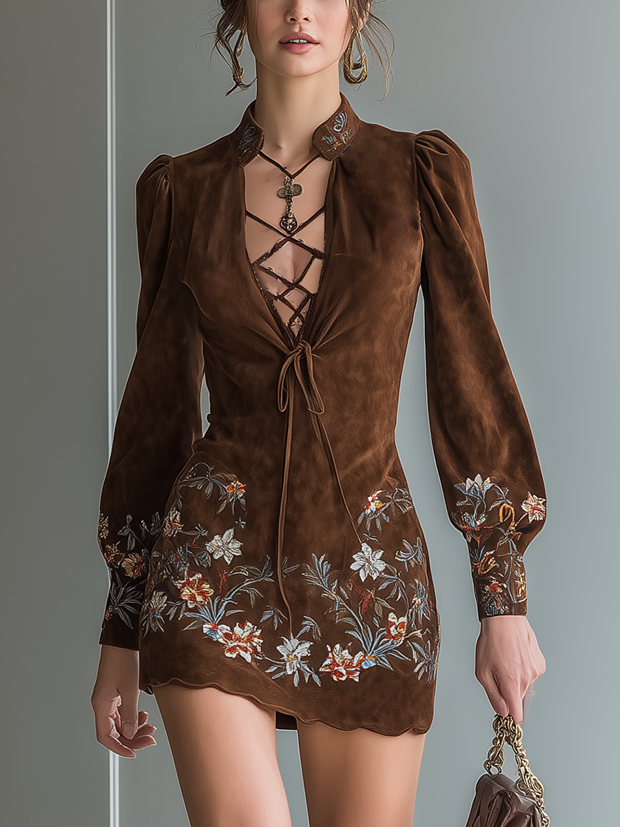 Women's Dark Brown Faux Suede Embroidered Floral Western Cowboy Style Mini Dress MDA2440I2T
