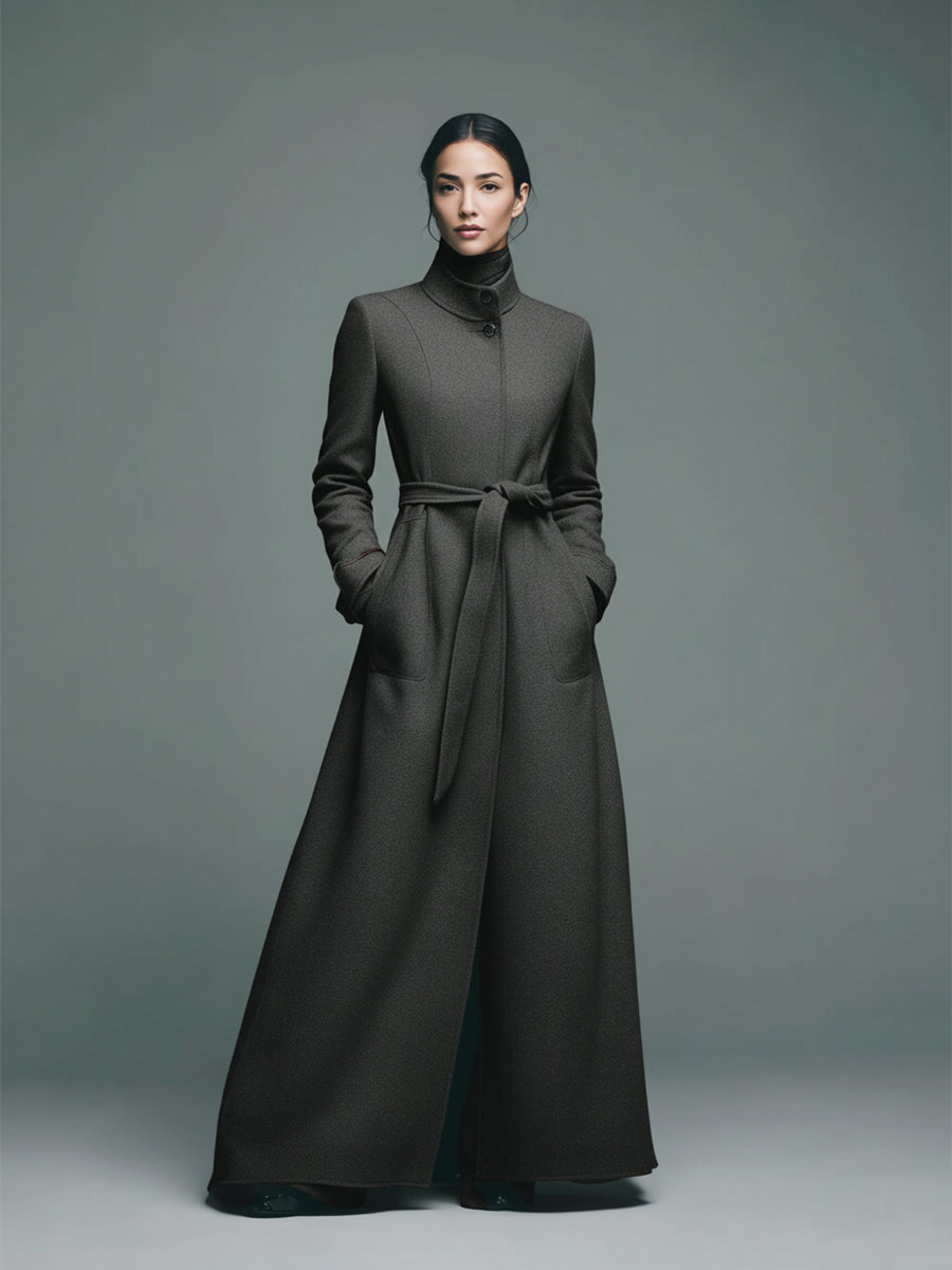 Women's Grey Elegant Wool - Blend Stand - Collar Belted Maxi Coat MDA2470J6I