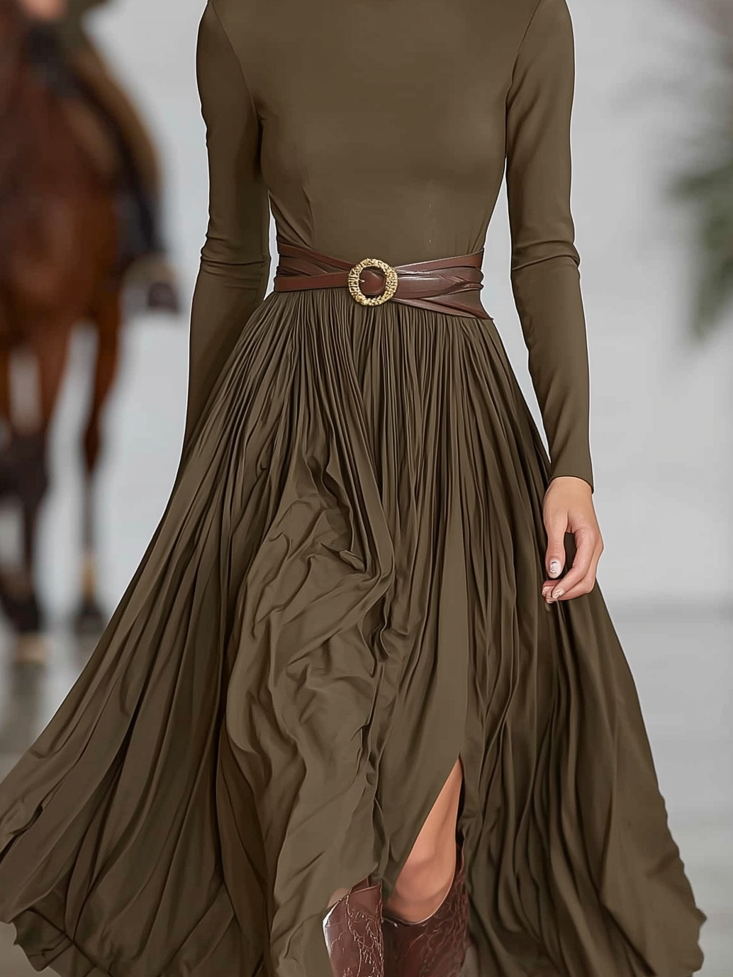 Women's Fashionable Military Green Knitted Turtleneck Long-sleeved Slim-fit Midi Dress (belt Not Included) MDA1702L6AN