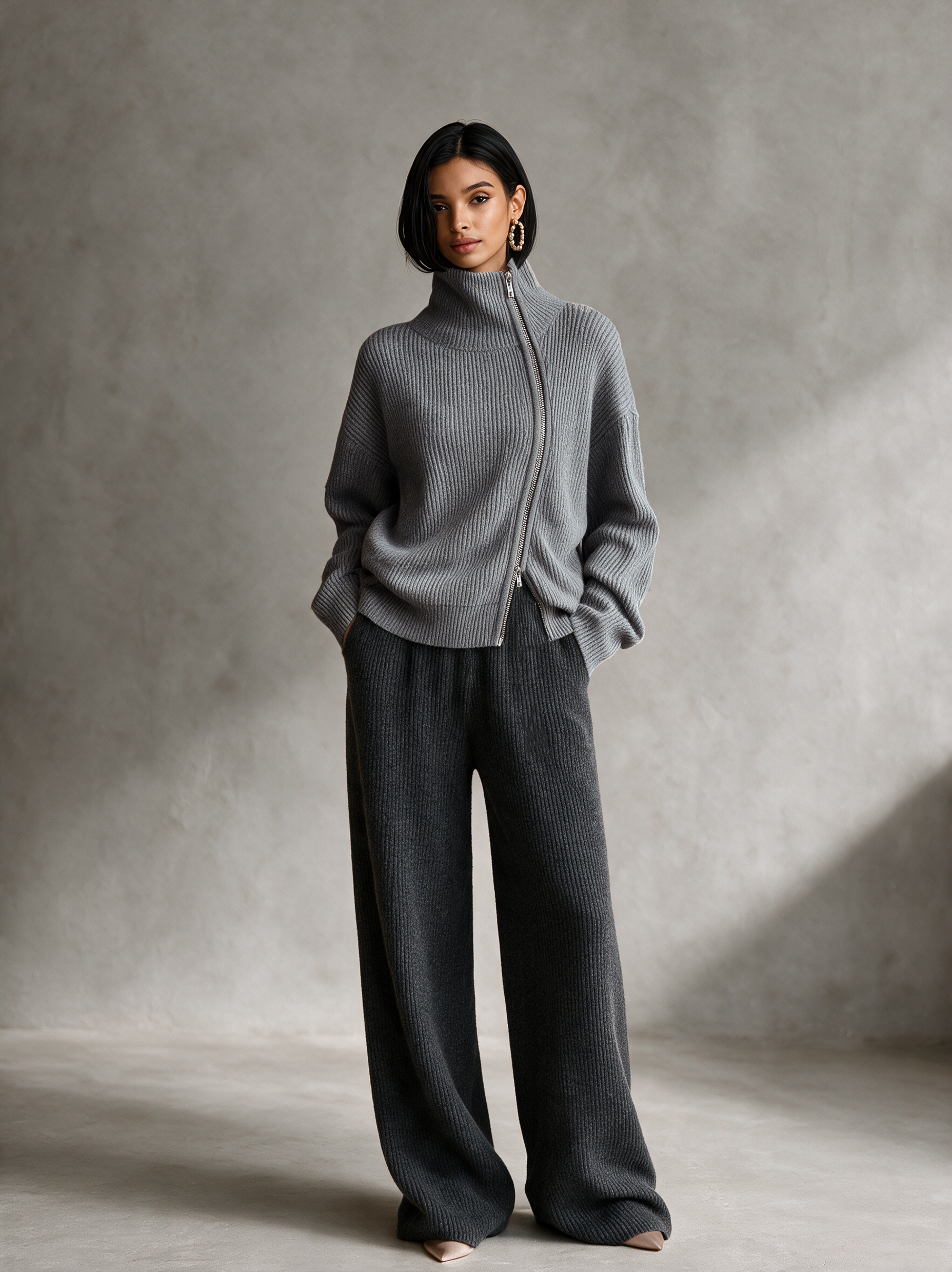 Women's Grey Diagonal‑Zip Funnel Neck Knit Sweater MDZ0365I7R
