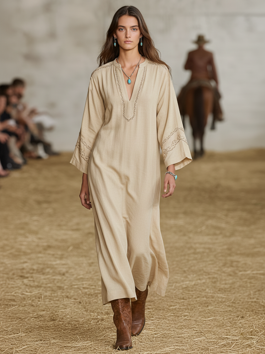 Women's Cotton And Linen V-neck Loose Straight-fit Maxi Dress MDA0497L5Y