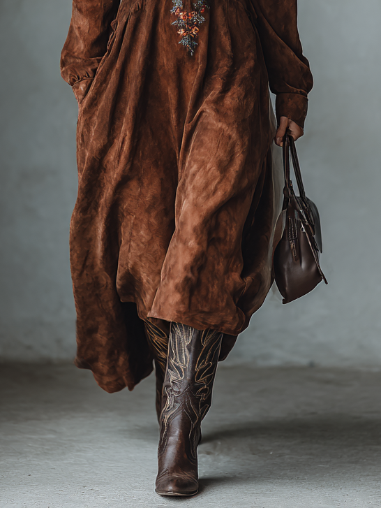 Women's Vintage Suede Long Sleeve Embroidered Neck Midi Dress MDA1978H1Y