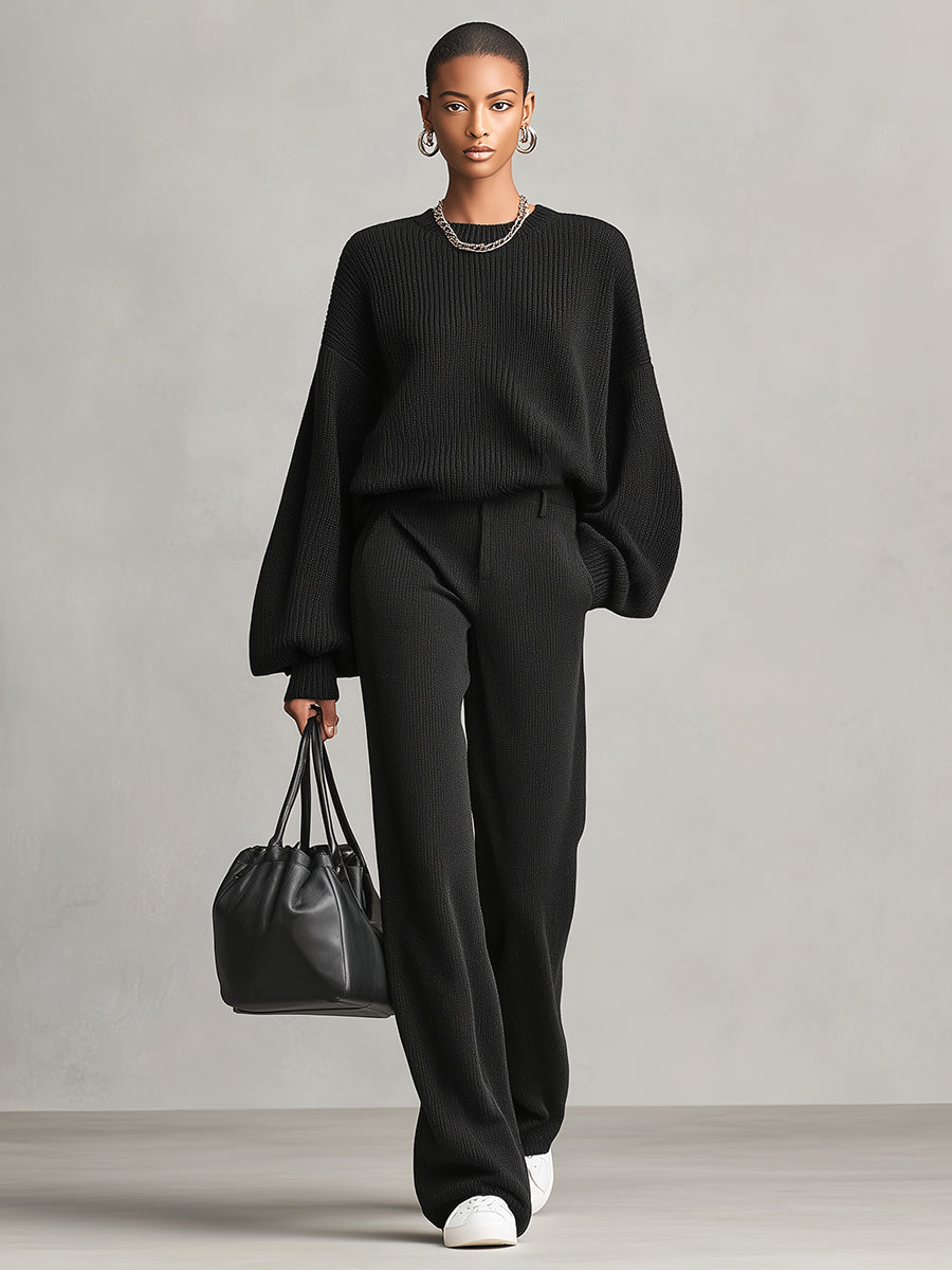Women's Black Textured Knit Sophisticated Oversized Sleeve Wide-Leg Pant Set MDA2059K6I