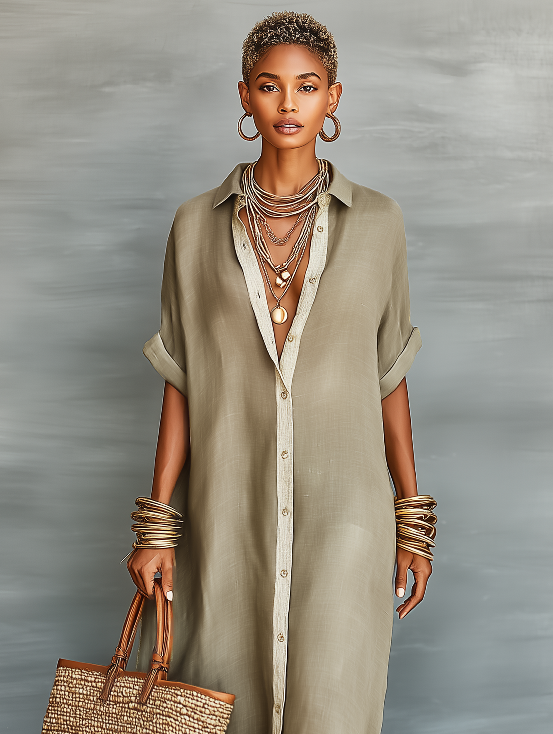 Women's Minimalist Linen Blend Short-sleeved Shirt Maxi Dress MDZ0647A2Y