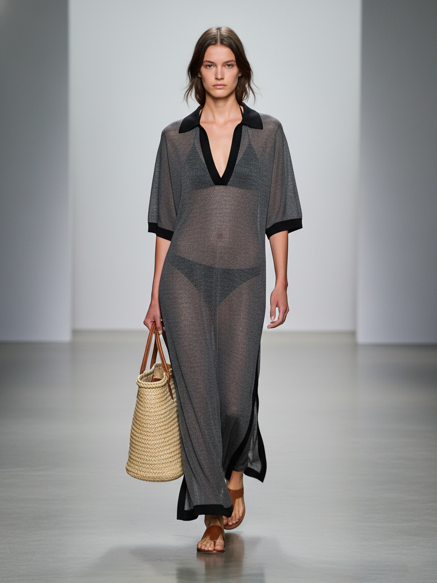 Women's Minimalist Knitted Sheer Short-sleeved Maxi Dress MDZ0959A7Y