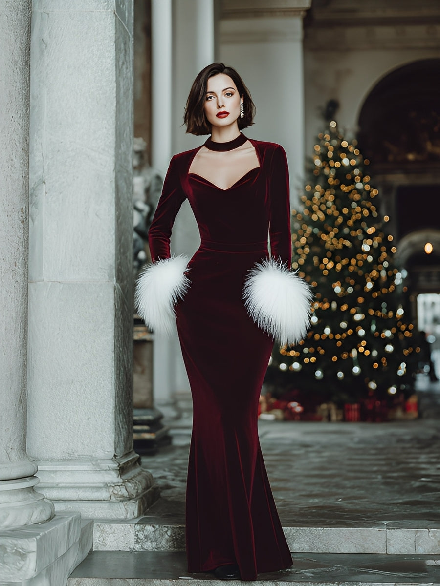 Women's Burgundy Glamorous Velvet Cutout Choker - Neck Feather - Cuffed Mermaid Gown MDA1593J6I