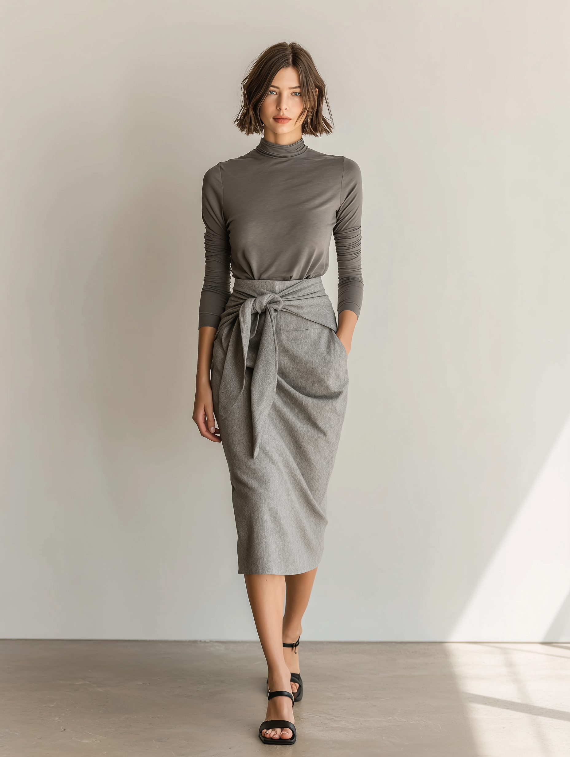 Women's Stylish, Casual, And Sophisticated Gray Long-sleeved Stretch Knit Top Paired With A Gray Midi Skirt, Featuring A Waist Tie MDA2511K1AN