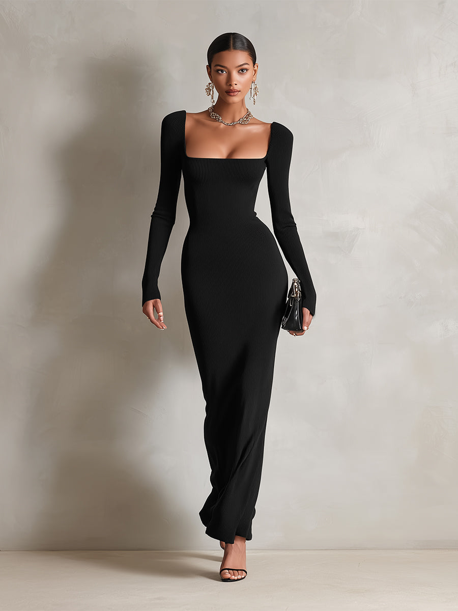 Women's Black Elegant Ribbed Knit Square - Neck Bodycon Maxi Dress MDA1003J7I