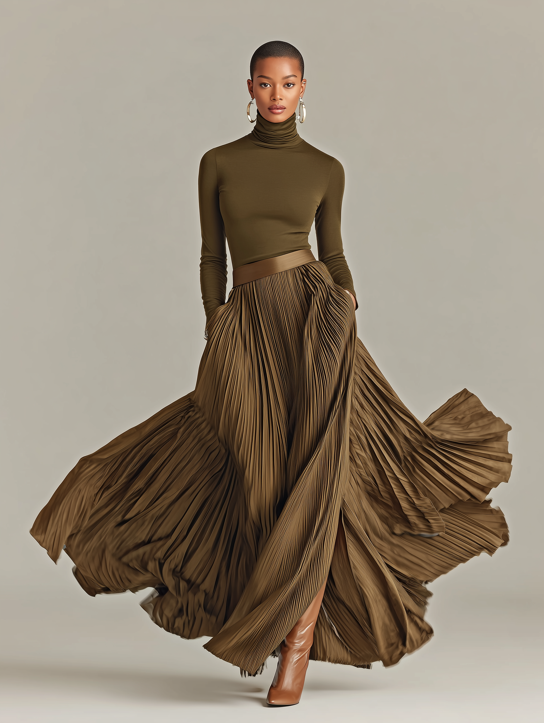 Women's Elegant Military Green Knitted Turtleneck Long-sleeved Pleated Maxi Dress MDA1777L9AN