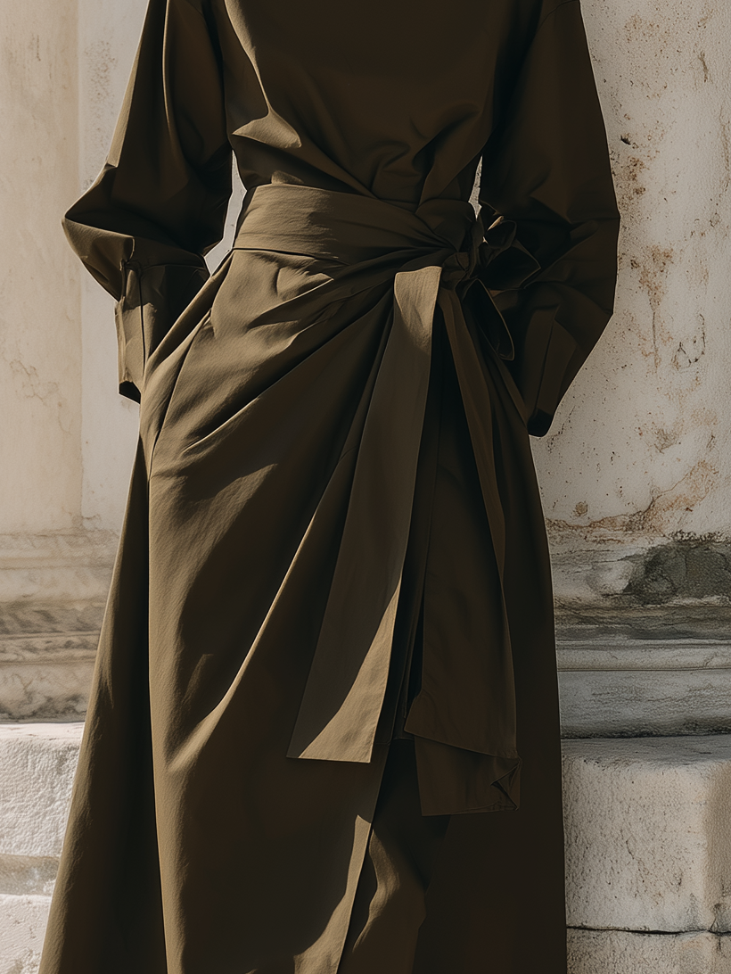 Women's Elegant Dark Green Round-neck Long-sleeved Woven Maxi Dress MDA2502L1AN