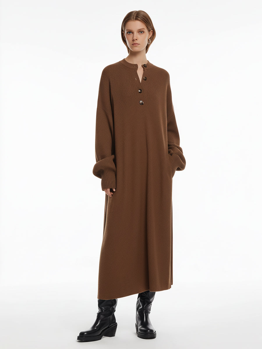 Women's Brown Knit Minimalist Button-Front Oversized Maxi Dress (without Scarf) MDA3155J6I