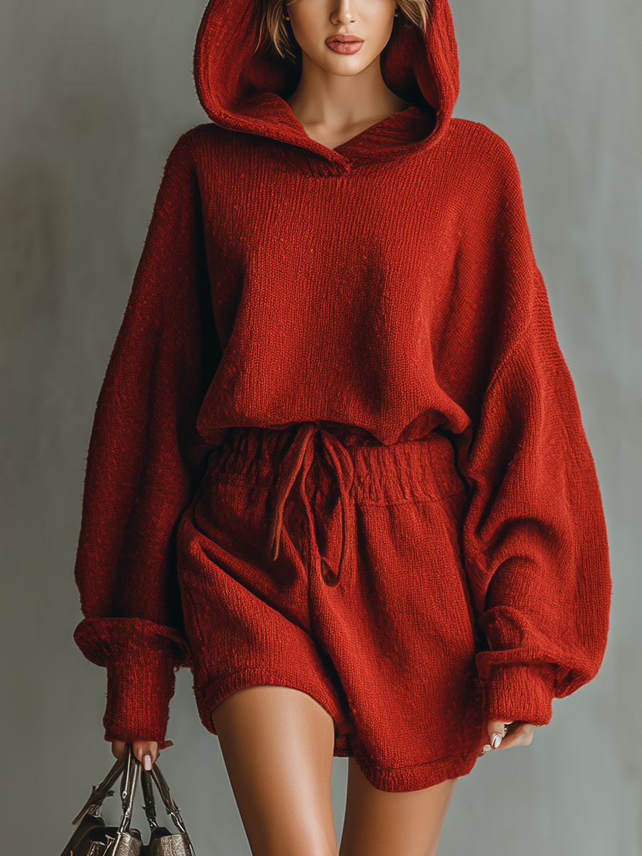 Women's Reddish Brown Knitted Hoodie And Shorts Casual Set MDA2205J1T