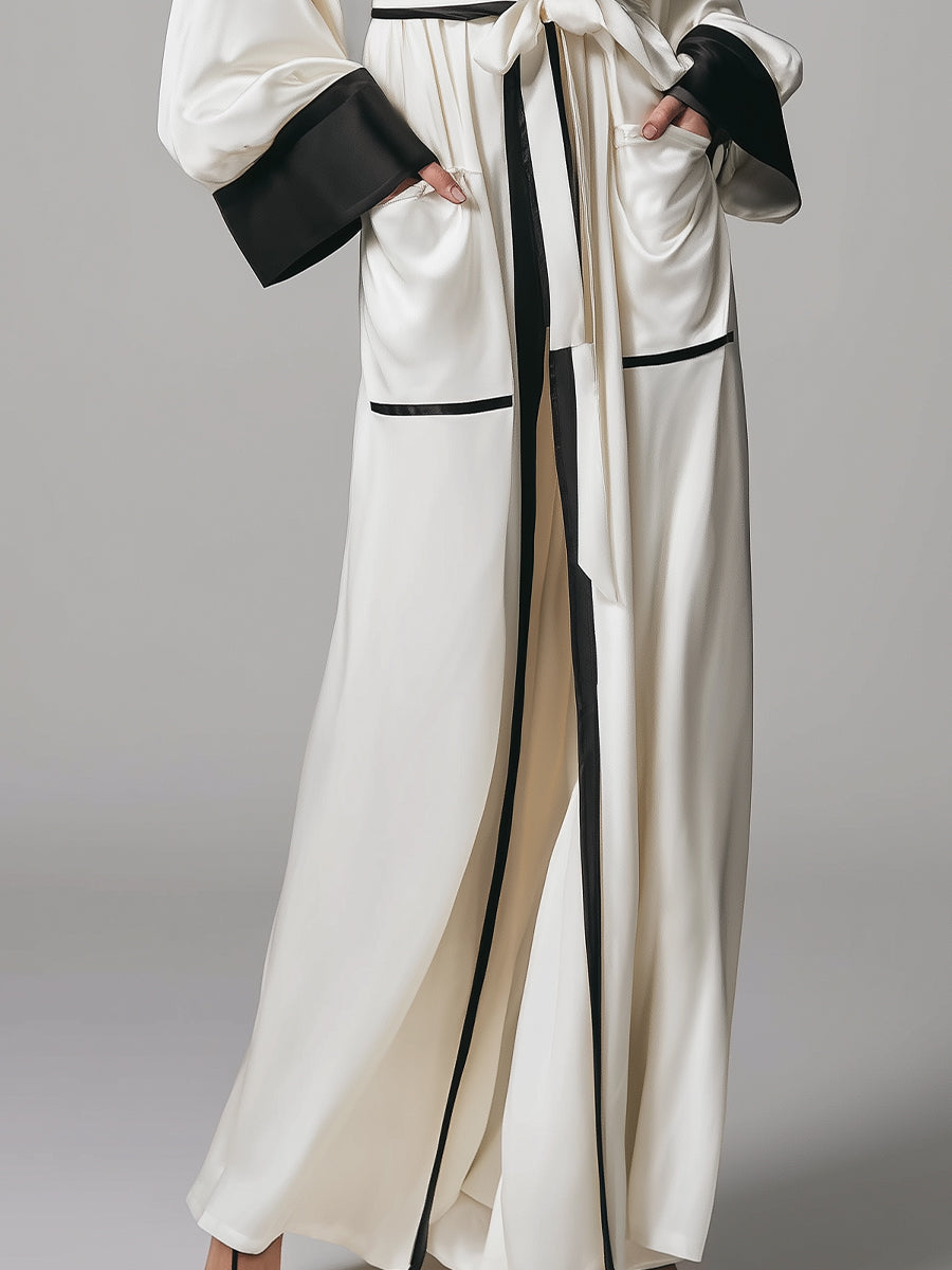 Women's Ivory & Black Satin Dress With Robe Collar & Belted Waist, Timeless Luxe Style Dress MDA1255L3I