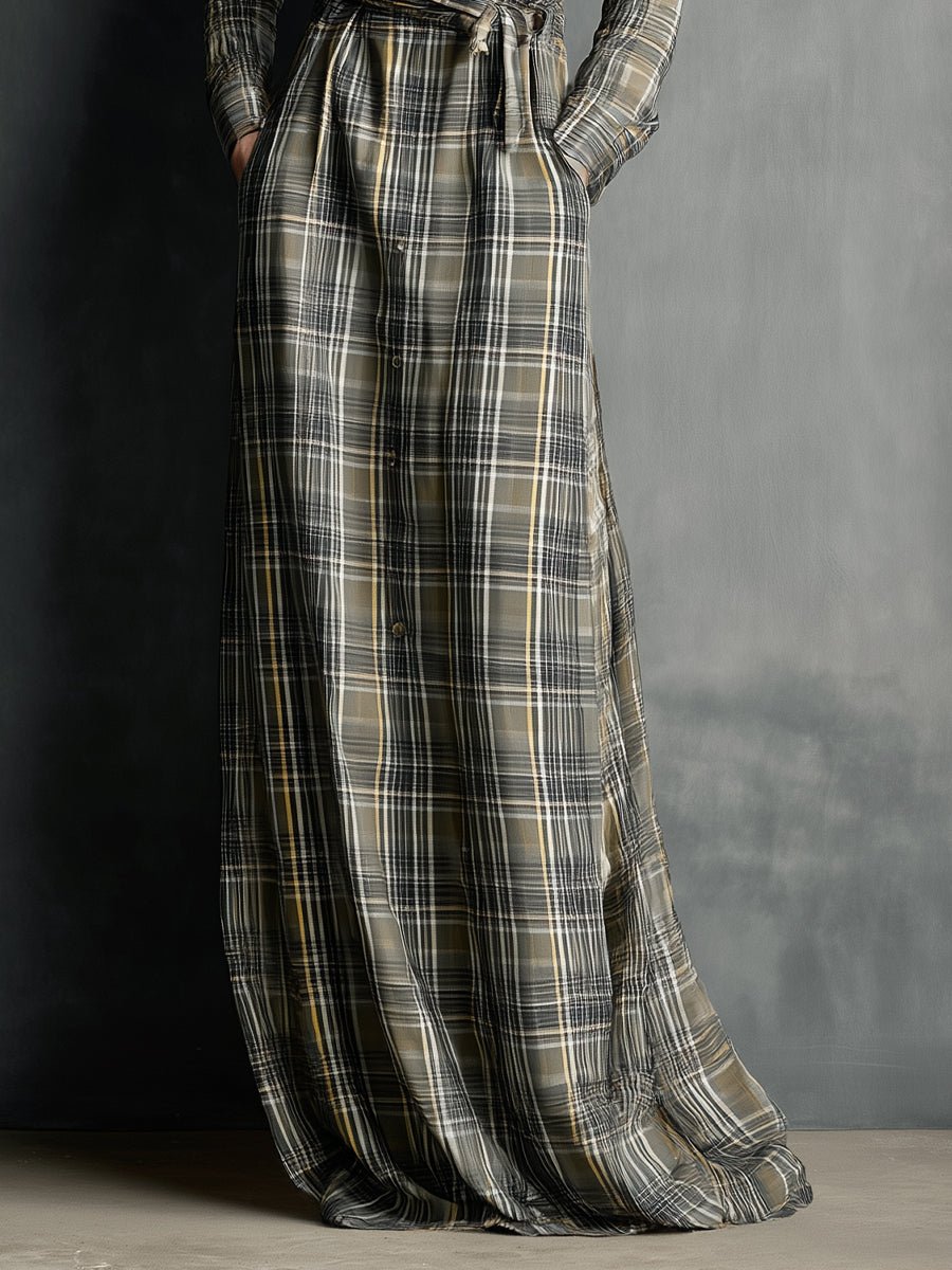 Women's Gray Plaid Cotton Blend Bohemian Chic Shirt-collar Maxi Dress MDA2519J5I