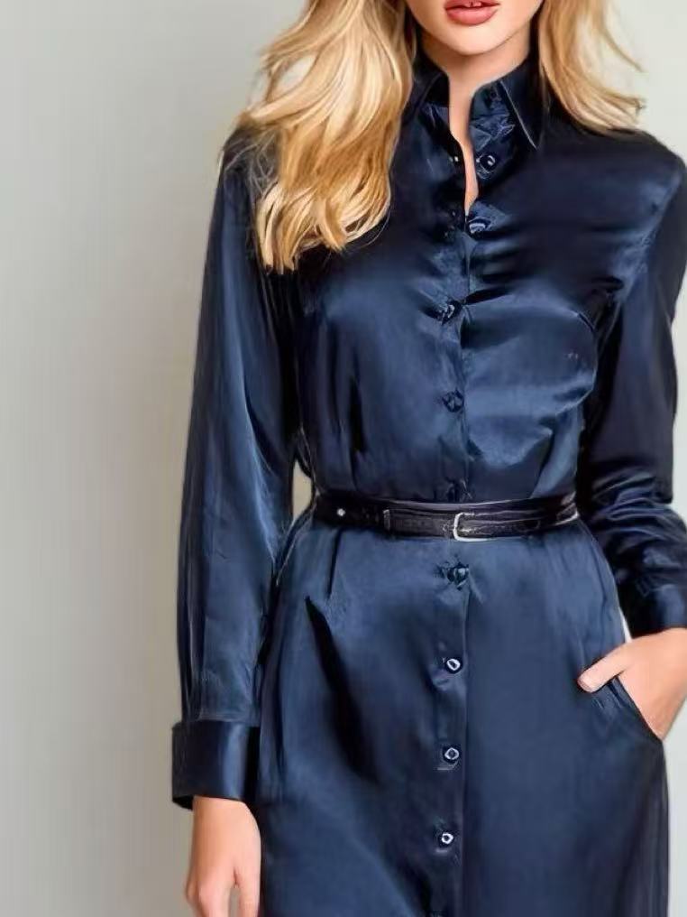 Women's Elegant And Stylish Navy Blue Acetate Shirt Dress With Belt MDA0656K0AN