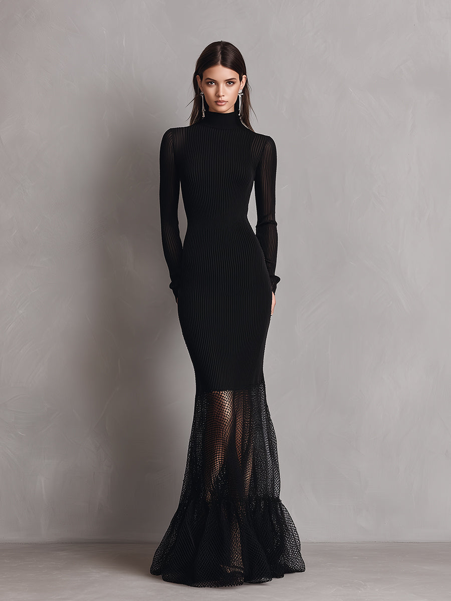 Women’s Black Sophisticated Stretch Polyester-Cotton Blend Evening Dress With Turtleneck &amp; Tiered Mesh Mermaid Hem MDA2295J2I