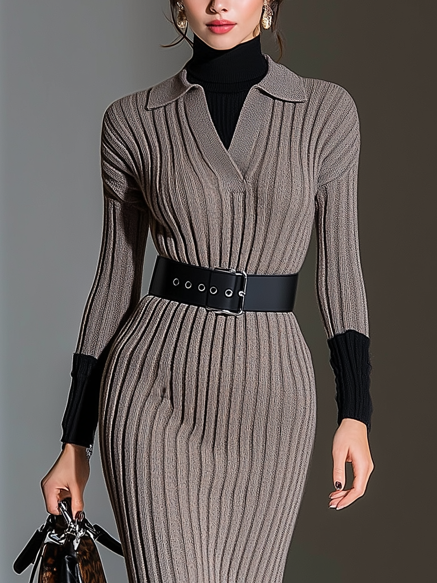 Women's Dark Camel Knitted V-neck Slim-fit Maxi Dress MDA0987I0T
