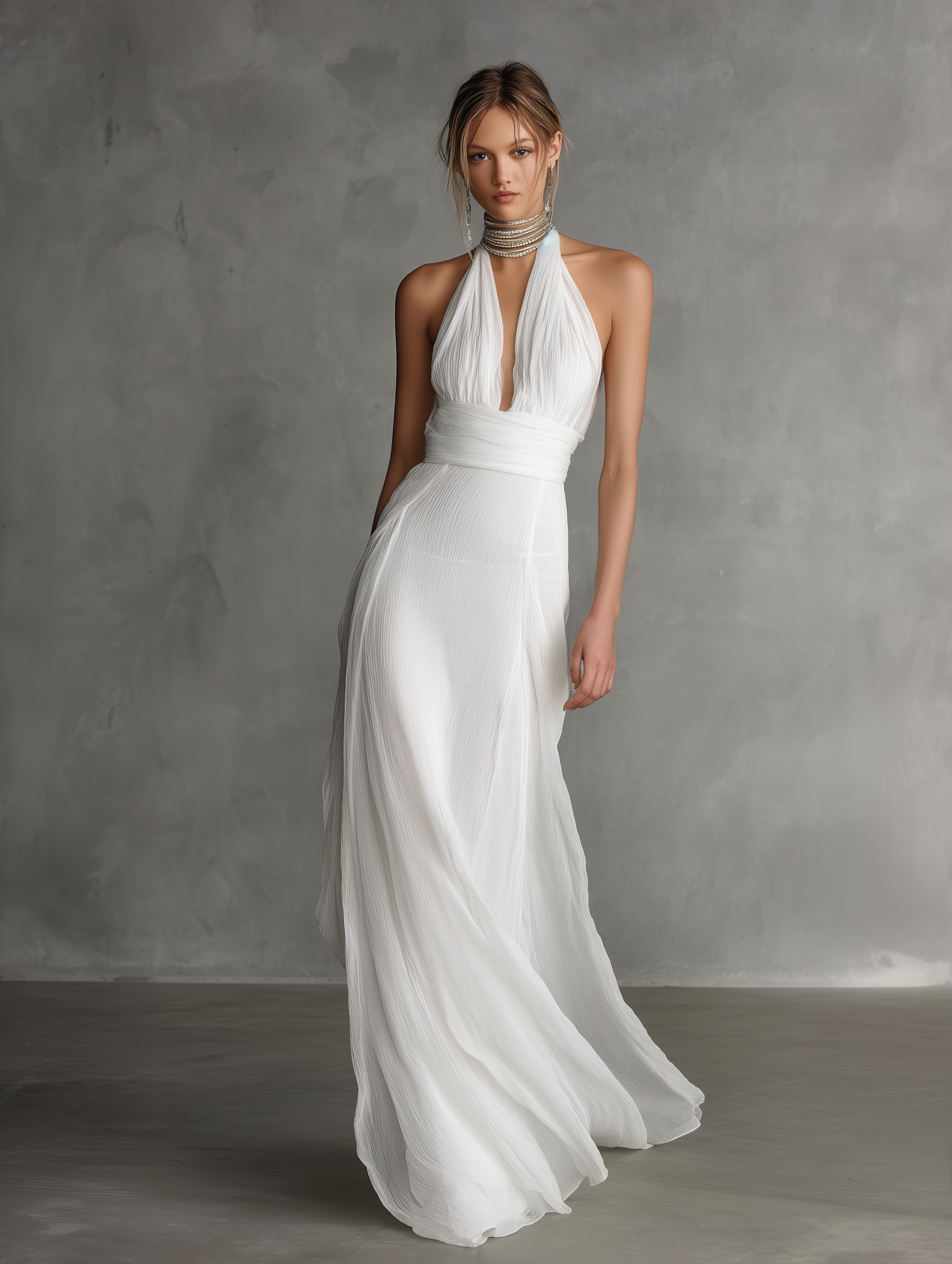 Women's Elegant White Chiffon Halter-neck V-neck Maxi Dress MDZ0639A8AN