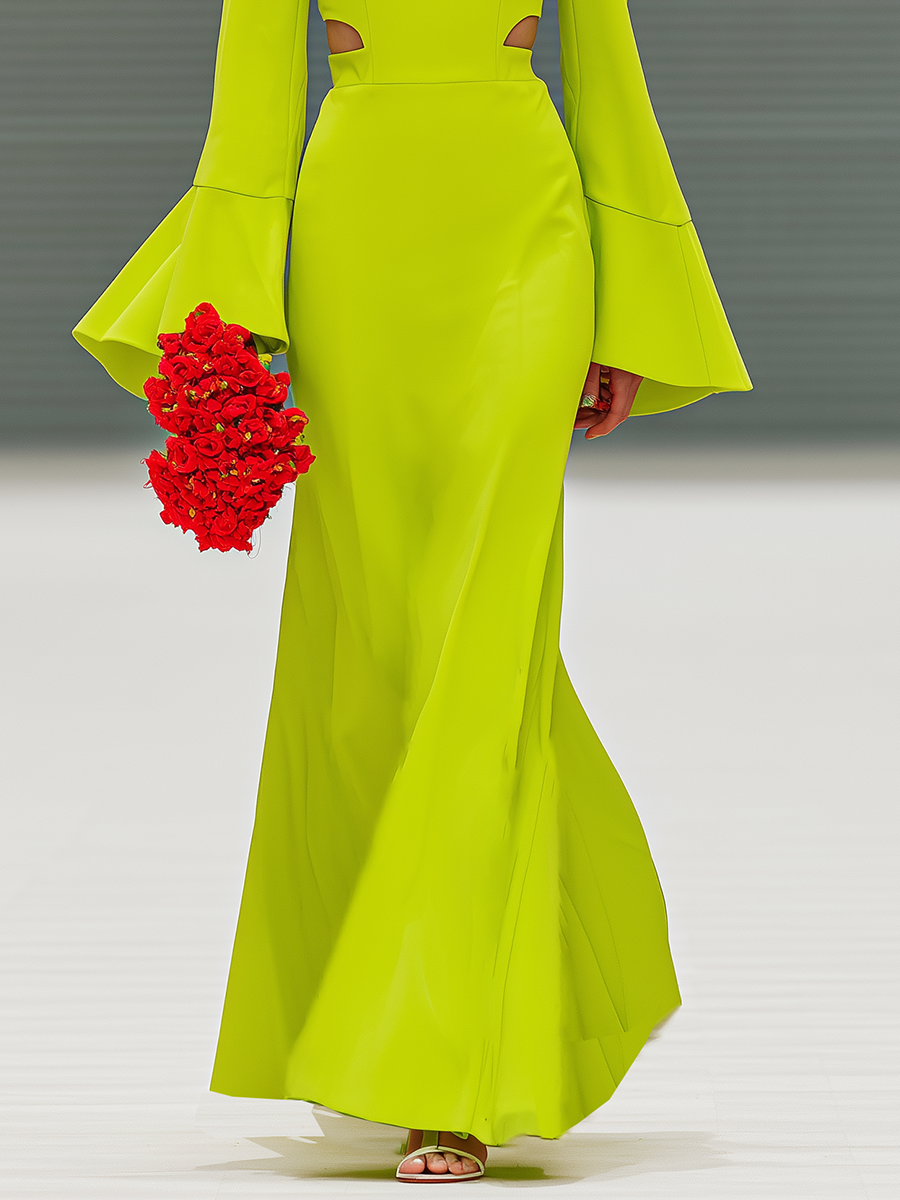 Women's Light Green Cotton Blend High-neck, Openwork, Flared-sleeve  Maxi Dress MDA1950L2T