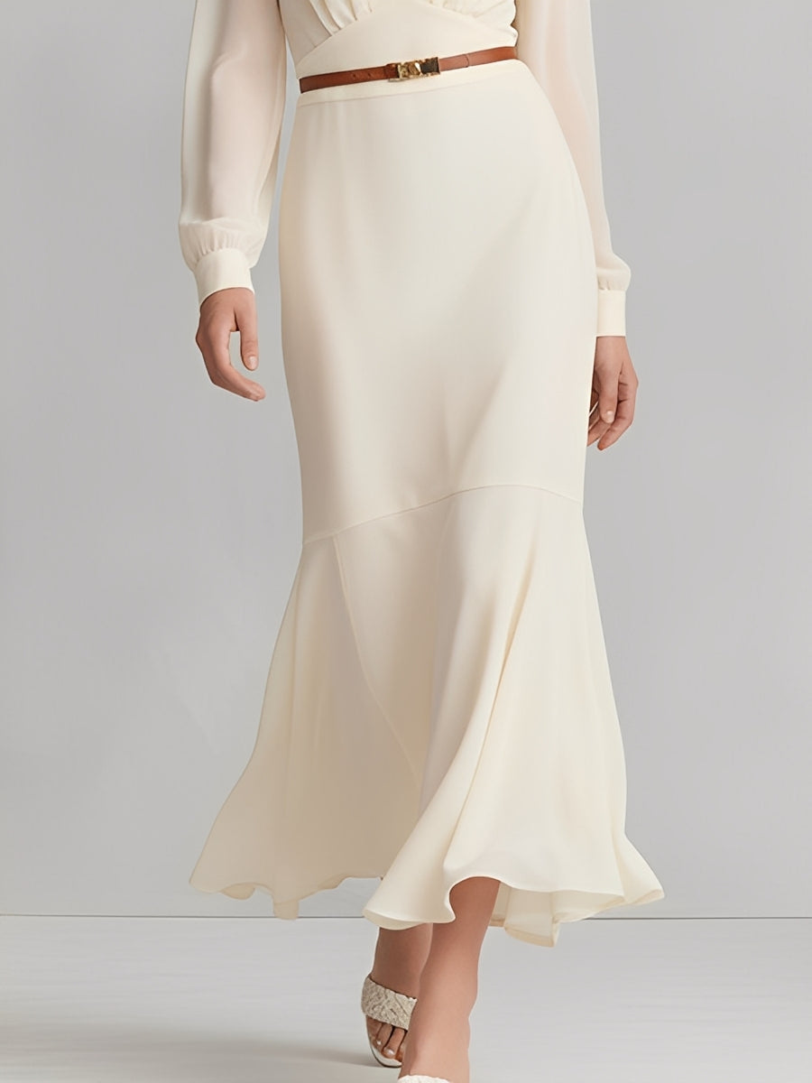 Women's Ivory Flowy Dress With Deep V-Neck & Mermaid Hem, Modern Sophisticated Style Dress (without Belt) MDA2464L1I