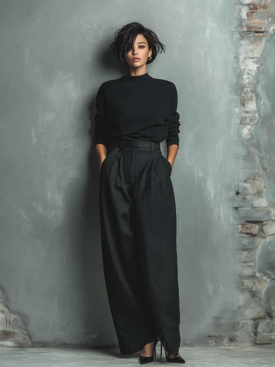 Women's Black Elegant Knit Top & Belted Wide - Leg Pants Set (without Belt) MDA2099H7I
