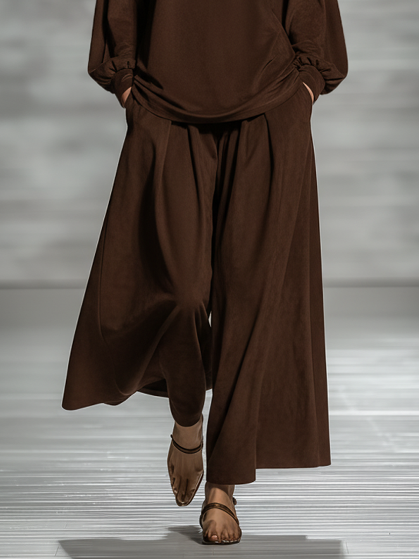 Women's Faux Suede Boat Neck Blouse Wide-leg Pants Set MDA1725K8Y