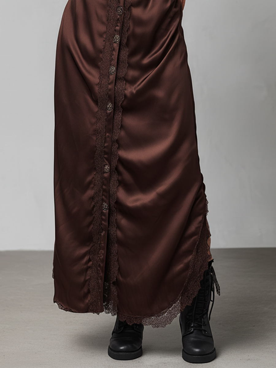 Women's Chocolate Satin Lace Trim Belt Long Sleeve Dress MDA0496L4T