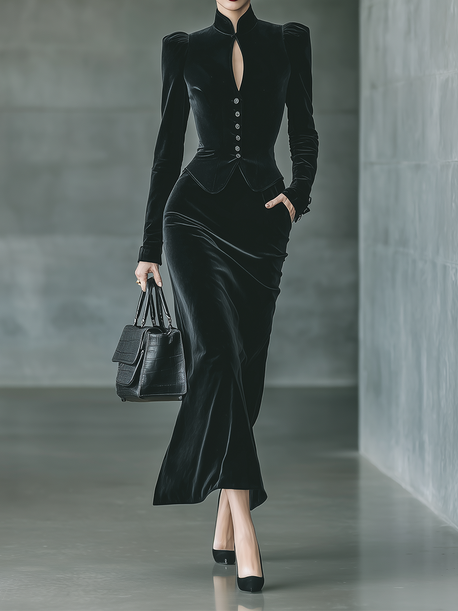 Women's Black Velvet Top And Skirt Set MDA1513H9T