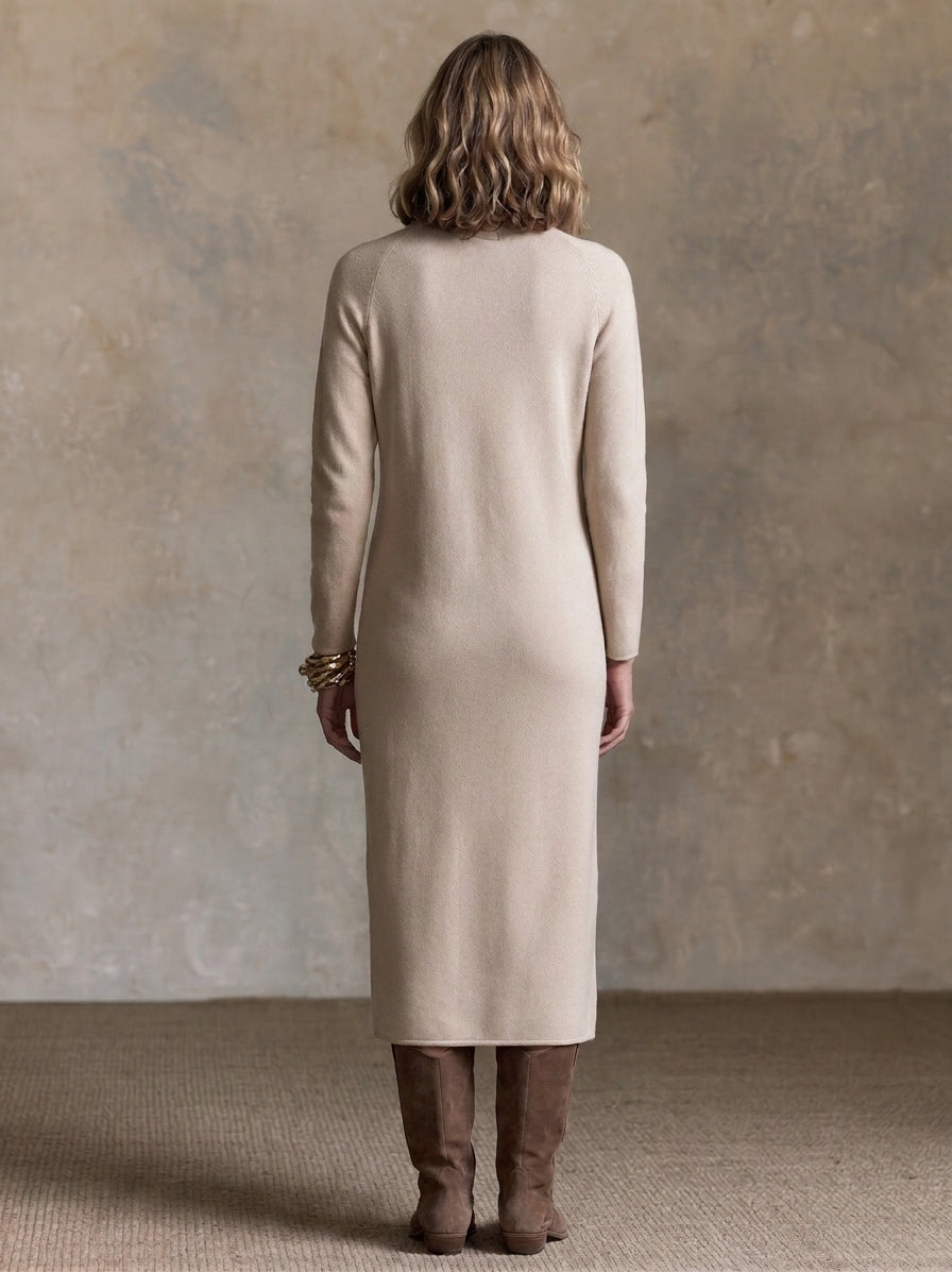 Women’s Elegant Apricot-colored Knitted Long-sleeve Turtleneck Maxi Dress