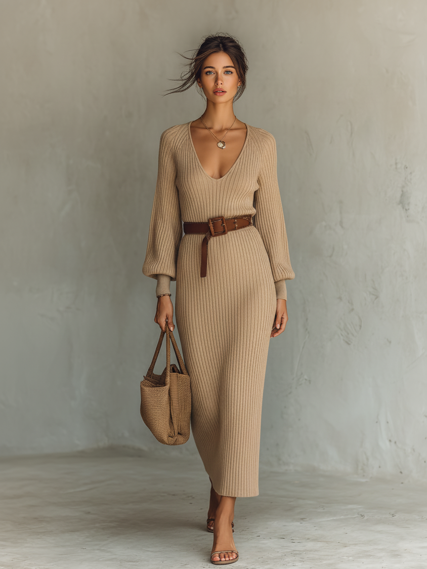 Women's Minimalist V-neck Knitted Belt Maxi Dress MDA2925J5Y