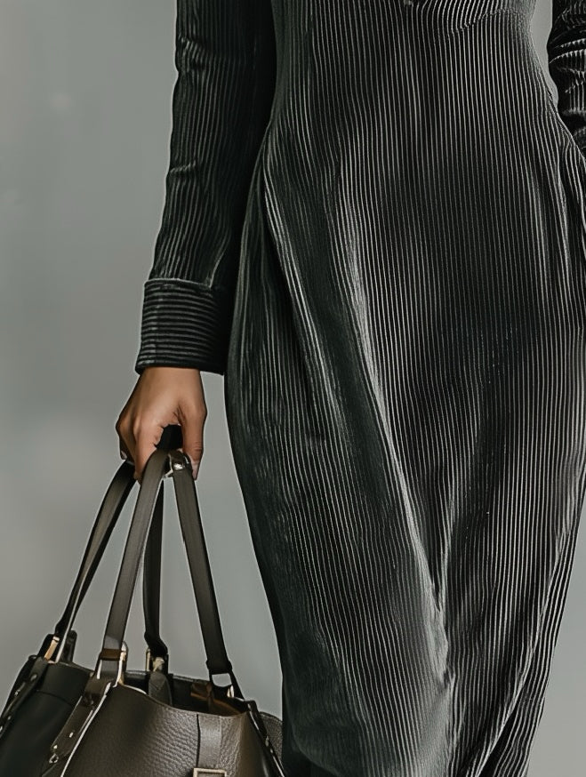 Women's V-neck Corduroy Slim-fit Elegant Long Dress MDA0439K1AN