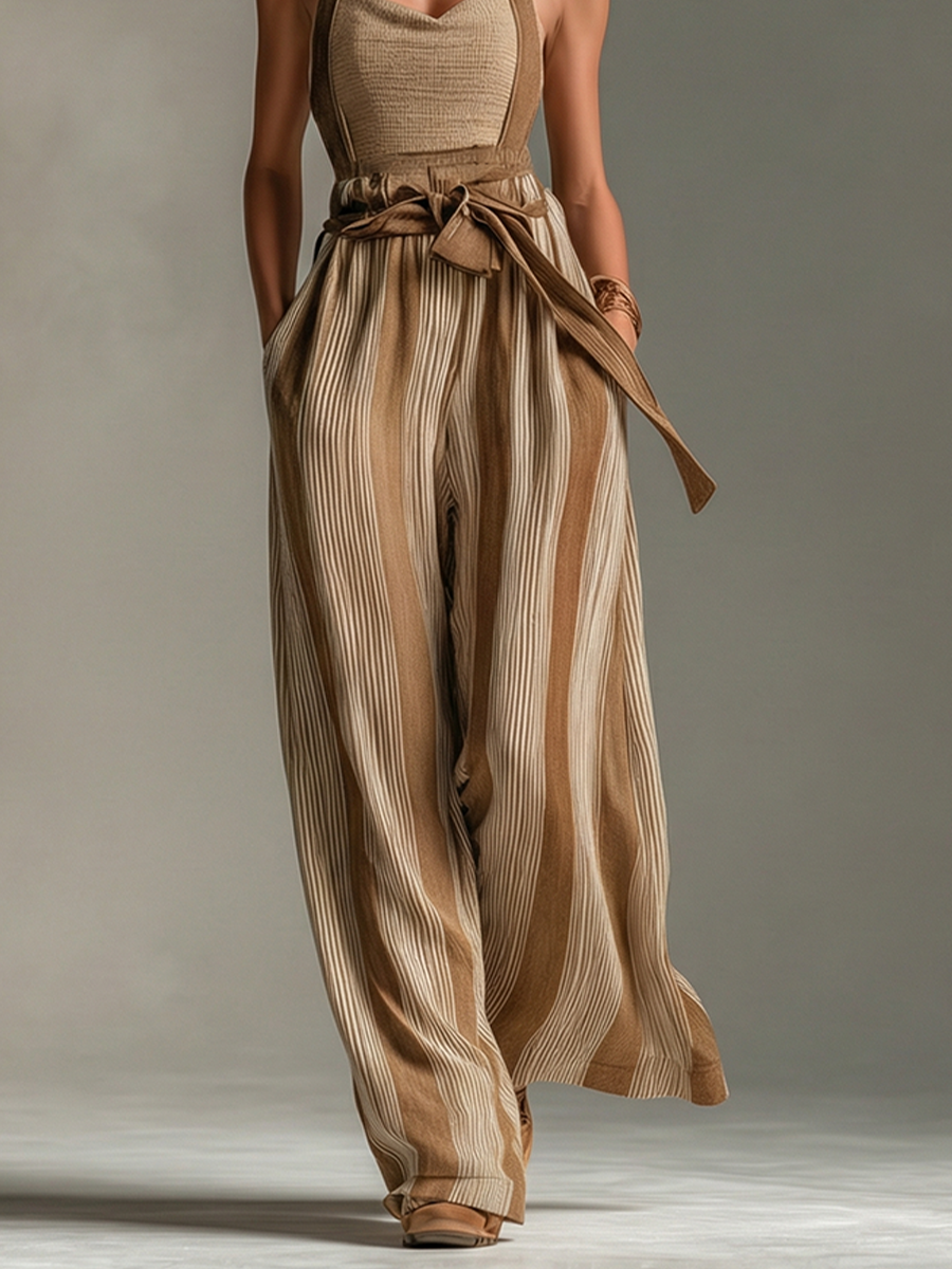 Women's Brown Striped Jumpsuit With Halter Neck & Wide-Leg Trousers, Modern Casual-Elegant Style Jumpsuit MDZ2878B3I