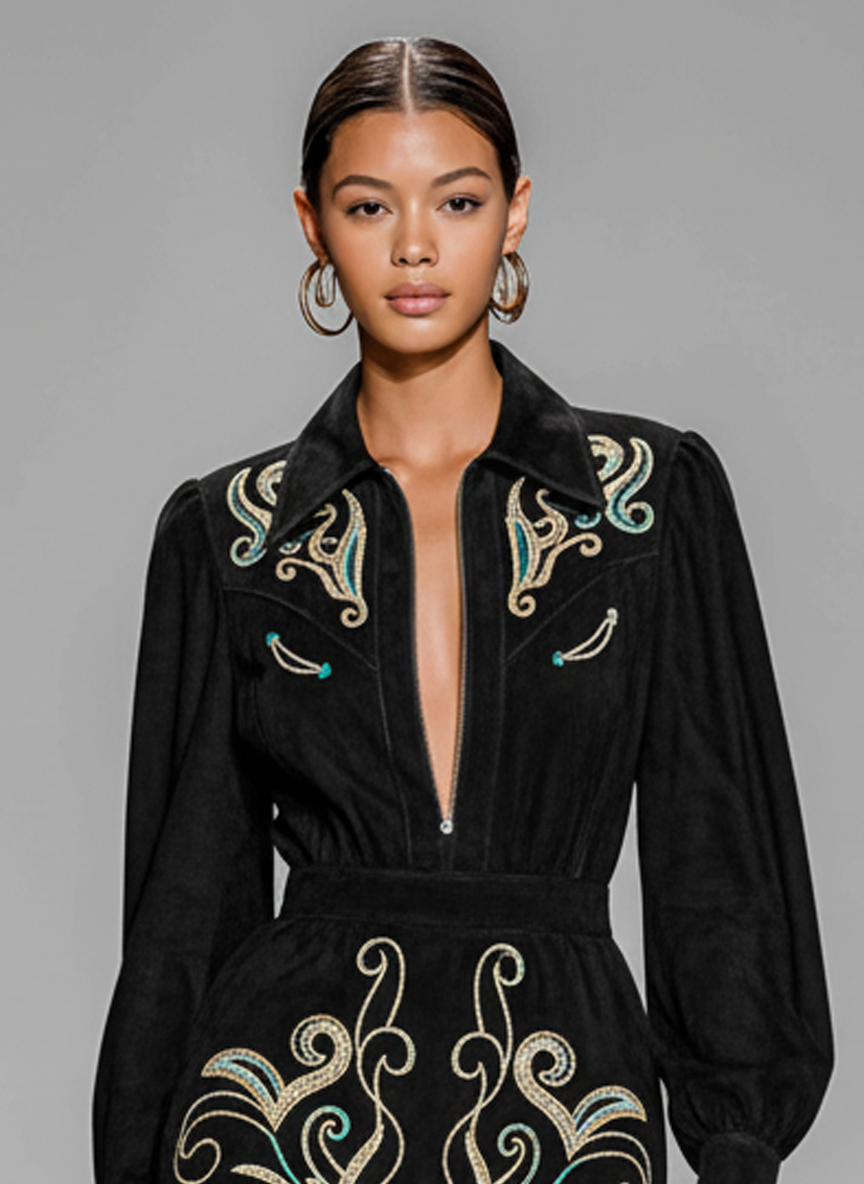 Women's Fitted Waist Faux Suede Embroidery Zipper Collar Mini Dress MDA3078J1Y