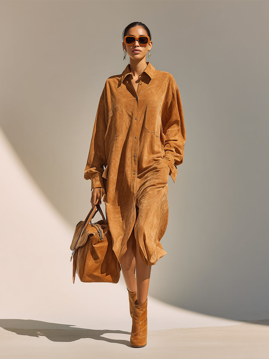 Women's Camel Elegant Suede Oversized Button - Front Shirt Midi Dress MDA2213H2I