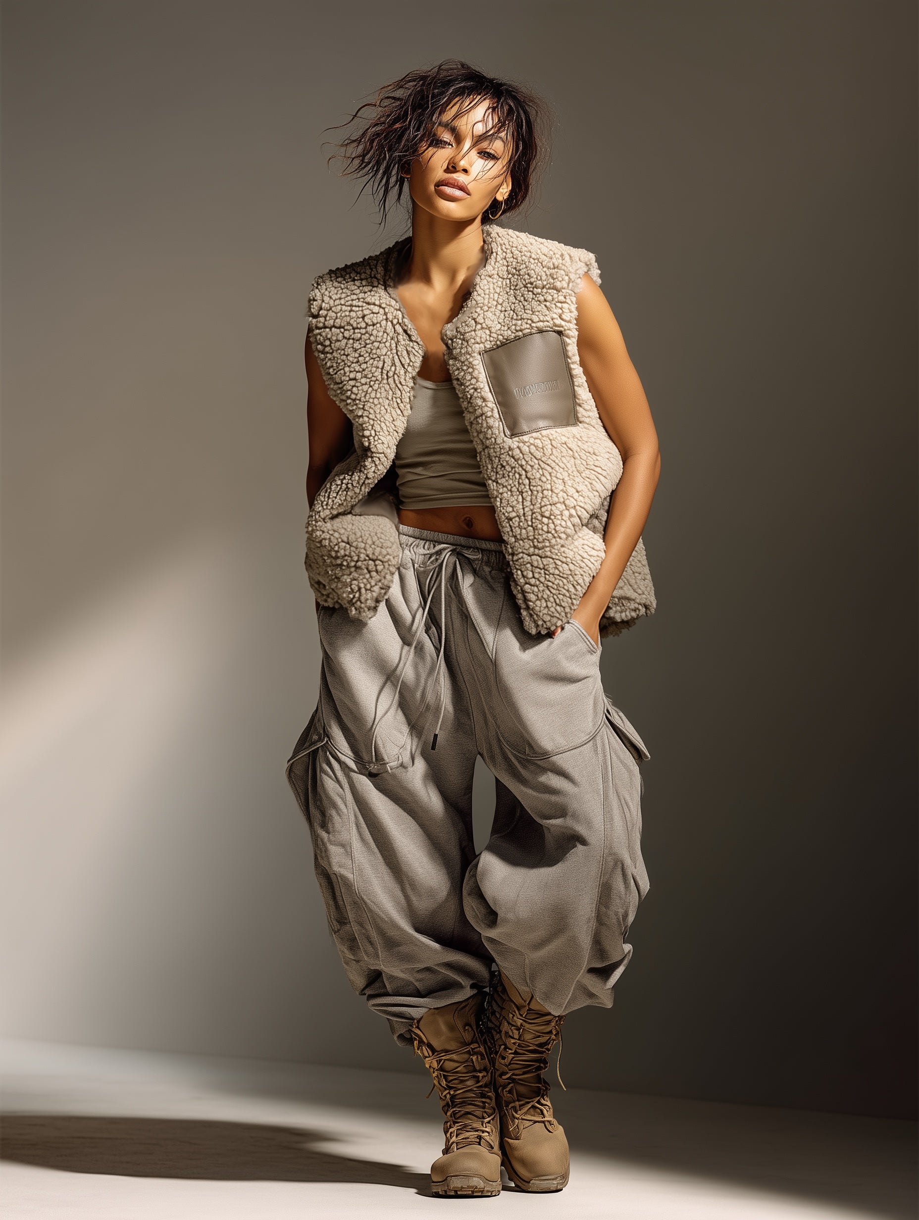 Women's Fashionable Casual White Fleece Crew Neck Vest MDA2753K3AN