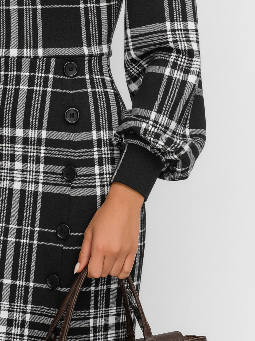 Women's Plaid Round Neck Long Sleeve Slit Midi Dress MDA2970I2Y