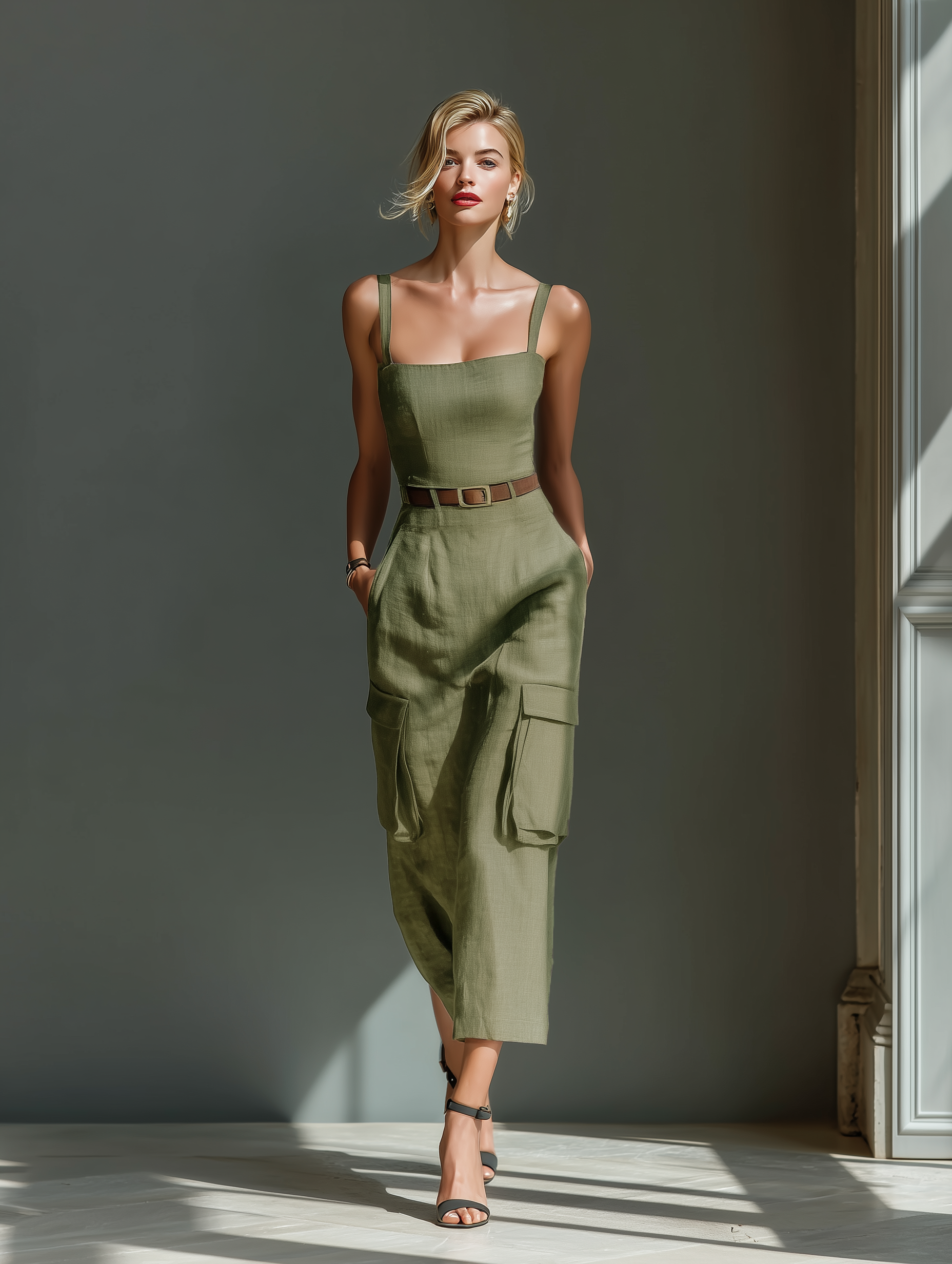 Women's Olive Green Linen Fabric Sleeveless Midi Dress With Cargo Pockets & Belted Waist MDZ2753A1T