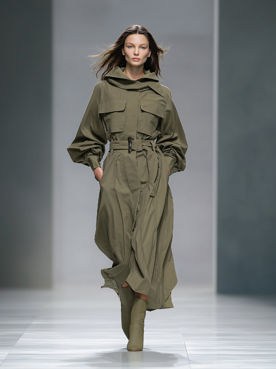 Women's Practical Nylon - Cotton Blend Hooded Belted Utility Maxi Dress MDA0599H9I