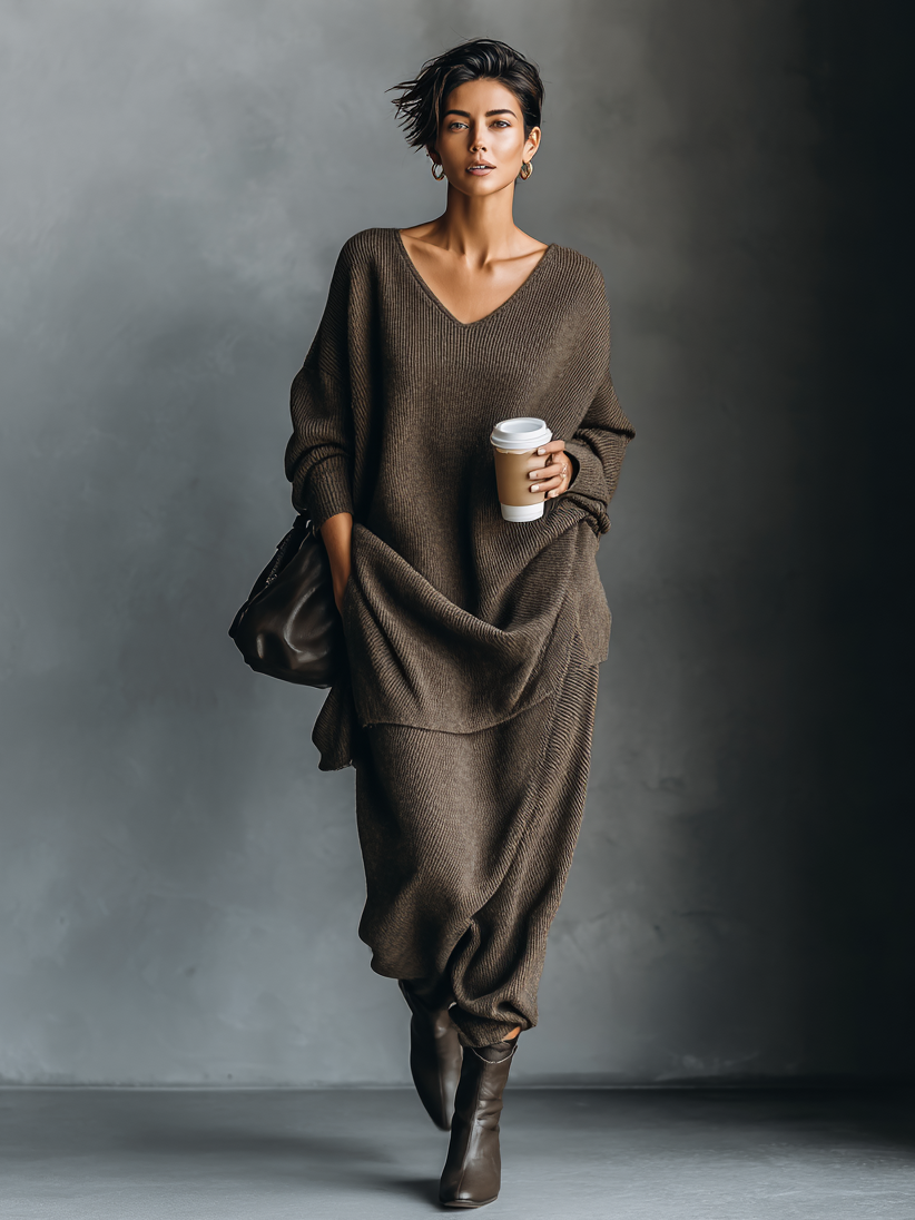 Women's Minimalist V-neck Sweater Knitted Skirt Set MDA1601I9Y