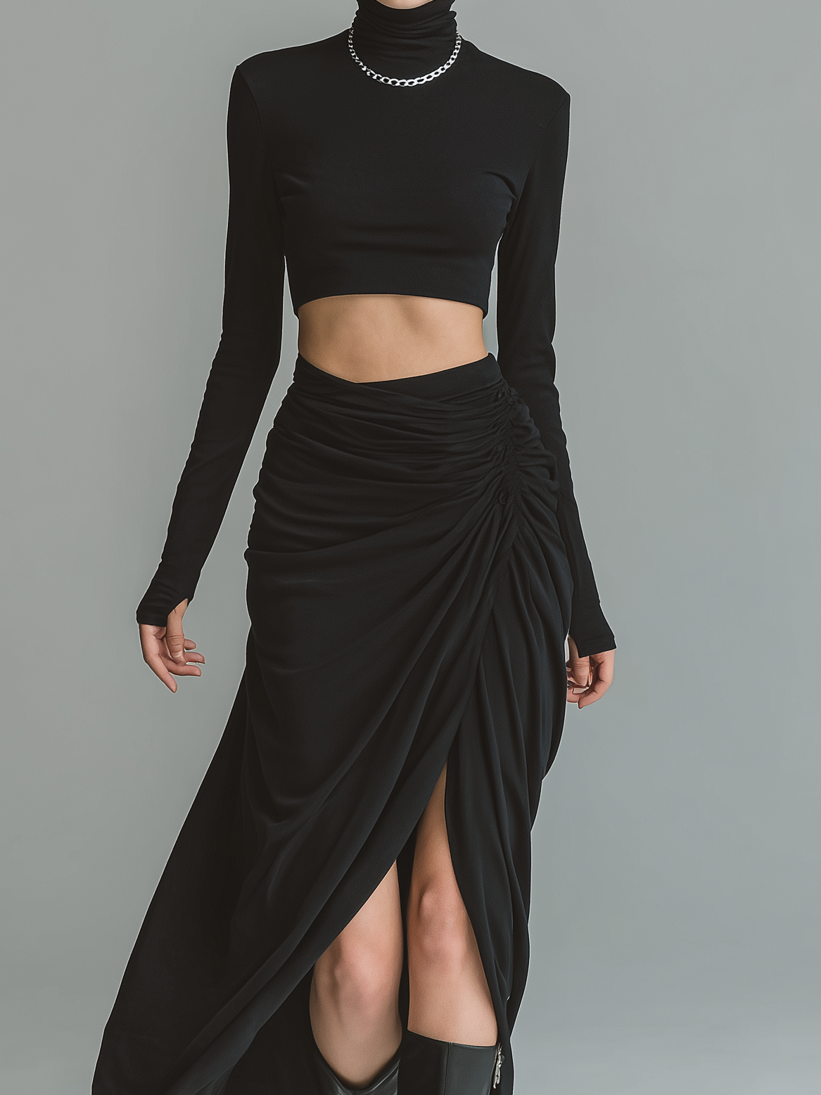 Women's Casual Black Stretch Knit Turtleneck Long-sleeved Top Paired With A Ruched Midi Skirt MDA0931L1AN